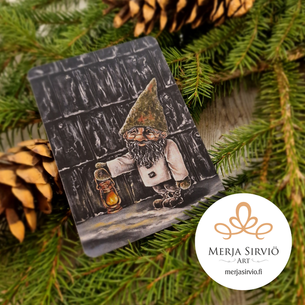 Lyhdyn kantaja-joulukortti, tekstill&auml;