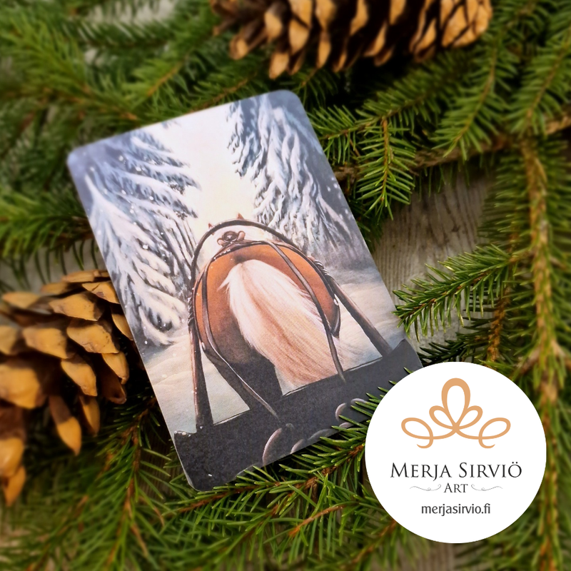 Kuusenhaku-joulukortti, tekstill&auml;