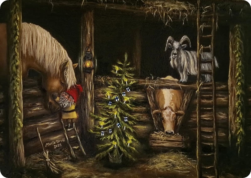 Jouluyön tallivuoro-joulukortti, tekstillä